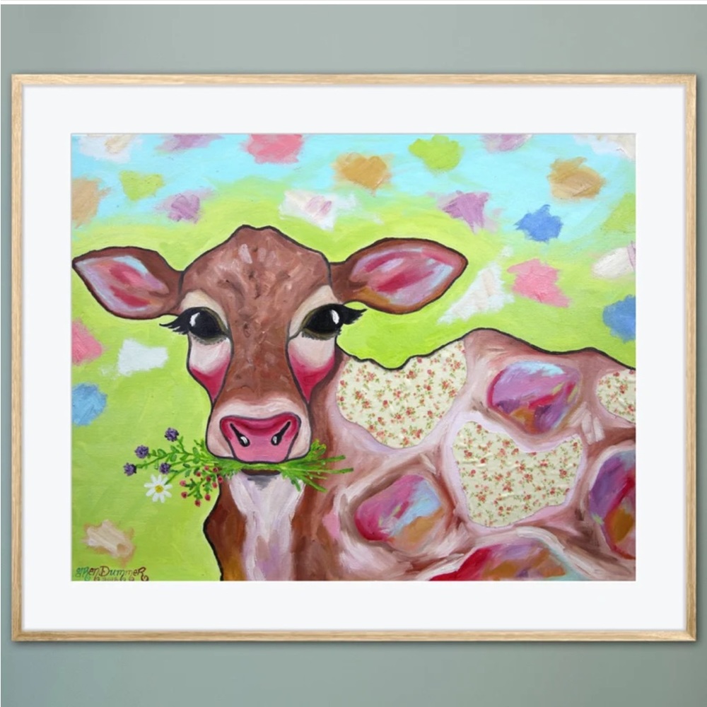 Calico Country Cow Art Print Oil Painting Flowers Nature Farm Whimsical colorful